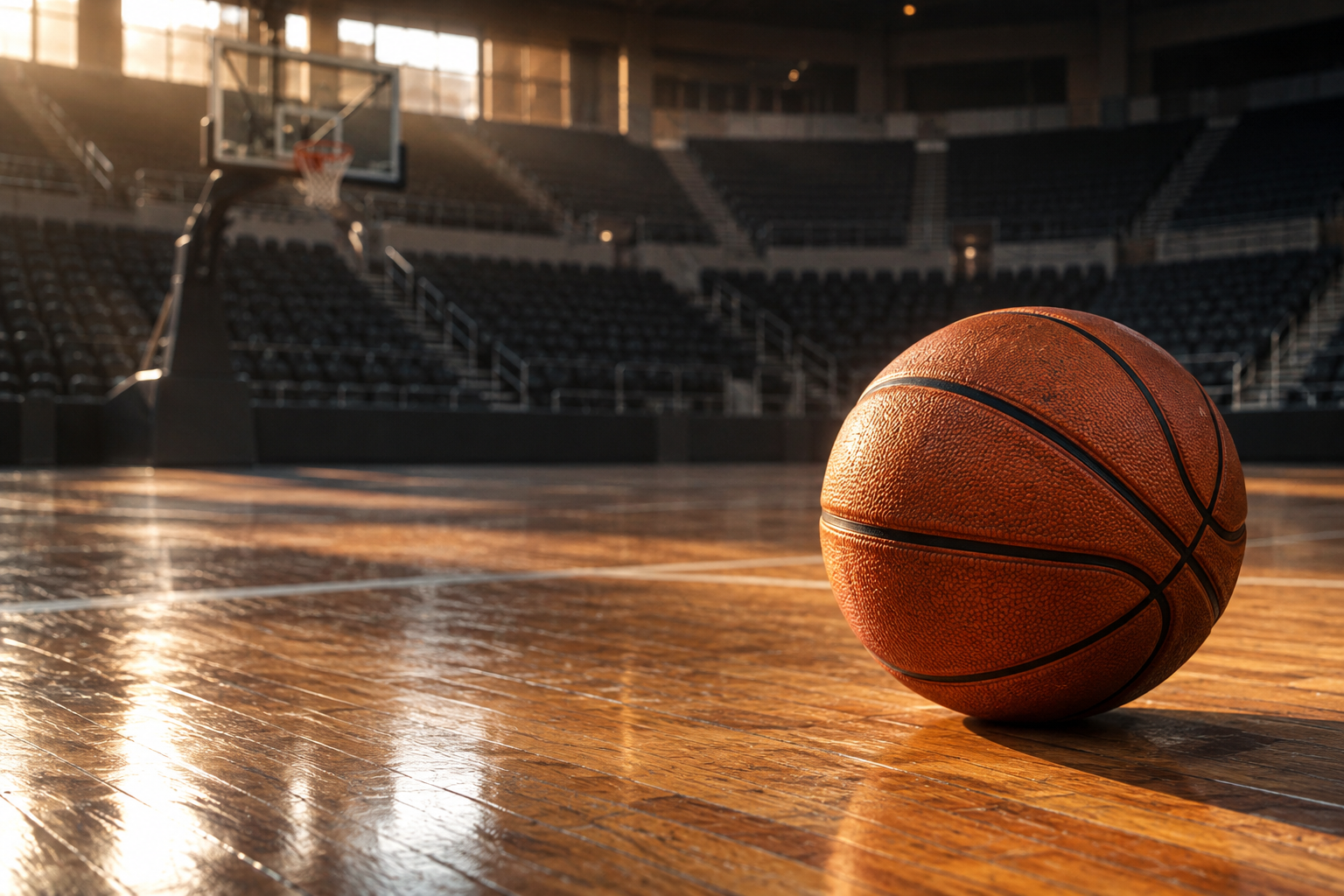 Un balón de baloncesto sobre una cancha iluminada por la luz de la tarde.